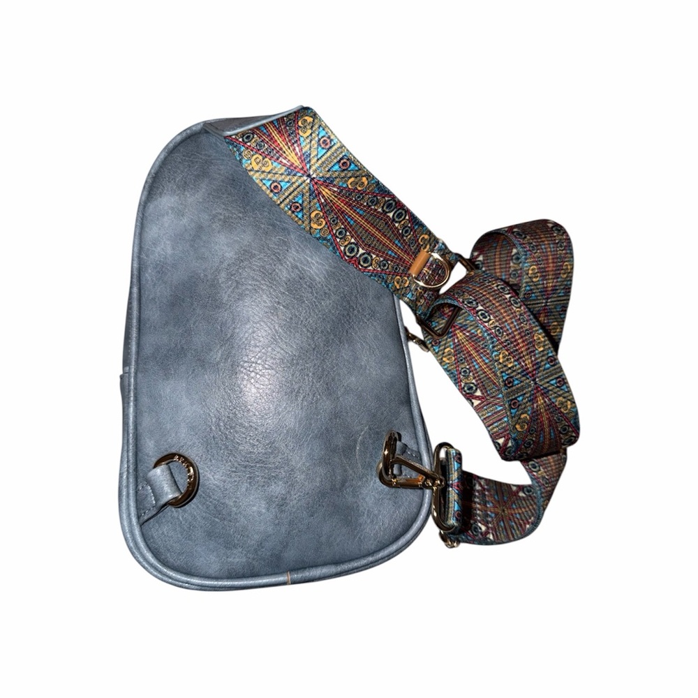 Women's faux Leather Sling Bag in Dusty Blue with Patterned Strap. - Picture 3 of 7